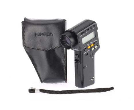 A Minolta Spotmeter F Digital Light Meter body G, with soft faux leather pouch, battery compartment corrosion, untested