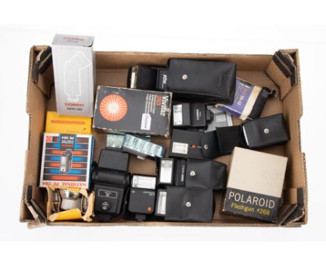 A Tray of Electronic Flash Equipment including flashguns from Agfa, Canon, Cobra, Metz, National, Pentax, Polaroid and Vivita