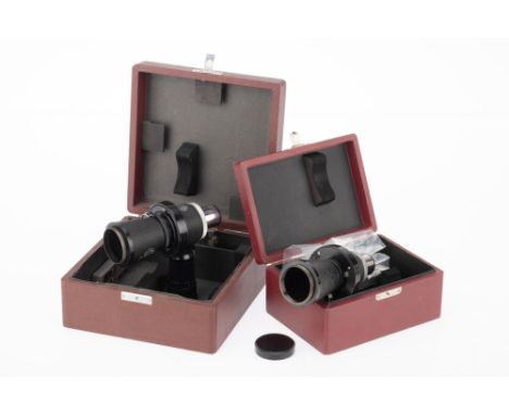 A Pair of Leitz Mikas Microscope Adapters, black, VG, shutters work at fast speeds only, in maker's boxes.