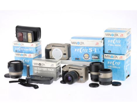 A Minolta Vectis S-1 APS Camera Outfit comprising a Vectis S-1 APS SLR camera with a Minolta V f/4-5.6 28-56mm lens, a Vectis