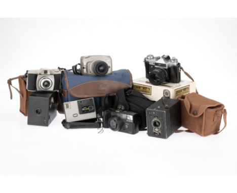 A Selection of Film Cameras, to include a Zenit-E, body G, small dent to prism cover, shutter working, with Helios 44-2 f/2 5