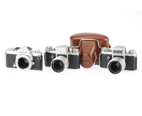 A Selection of 35mm SLR Cameras comprising a Contax FBM, silver, body F-G, shutter escapement seems to work accurately, but s