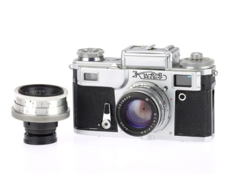 A Kiev 4 Rangefinder Camera Outfit, silver, serial number 7510880, body G, shutter not working, with Jupiter-8M f/2 50mm lens