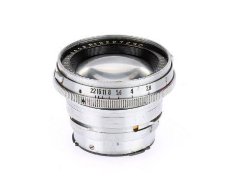 A Carl Zeiss Jena Sonnar f/2 5cm Camera Lens chrome, serial 2227240, barrel G, optics F with haze and light fungus.