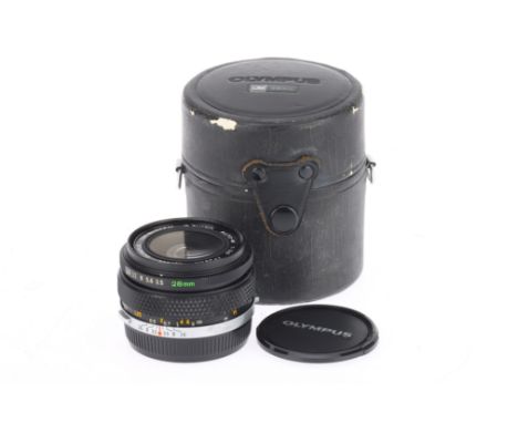 An Olympus G.Zuiko Auto-W f/3.5 28mm Lens, black, barrel VG, optics G, light internal fungus, with caps and rigid case.
