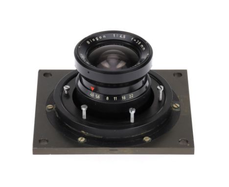 A Carl Zeiss Biogon f/4.5 38mm Camera Lens black, serial 3523447, front and rear group mounted to a 105x120mm stout lens boar
