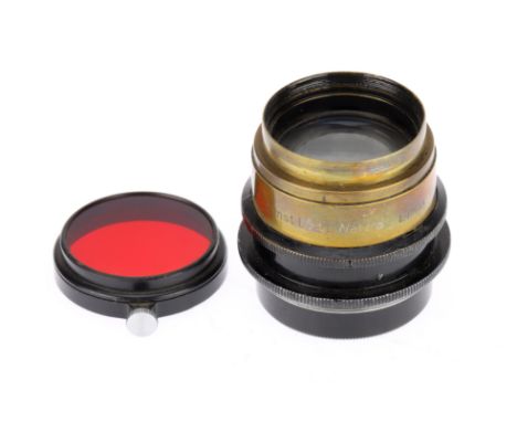 A Leitz Wetzlar Elmar f/4.5 135mm Brass Large Format Camera Lens black/brass, screw mount, body G, optics P-F, overall haze