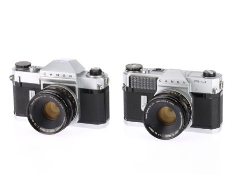 A Pair of Canonflex 35mm SLR Cameras comprising a Canonflex RP, silver, body F-G, a small dent in the prism cover, slow shutt
