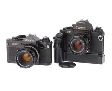 A Pair of Canon 35mm SLR Cameras comprising a F-1 with power winder, black, body F-G, untested, appears jammed, with an FD f/