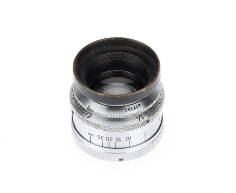 A Leitz-Wetzlar Hektor-Rapid Cine Lens silver, serial 417151, f/1.4 2.7cm, barrel G, optics G, some very light haze.