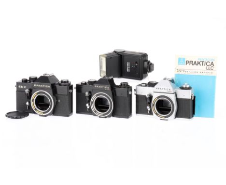 A Selection of Praktica 35mm SLR Camera Bodies to include an LLC, silver, body F, some lifting of leatherette on the back, me
