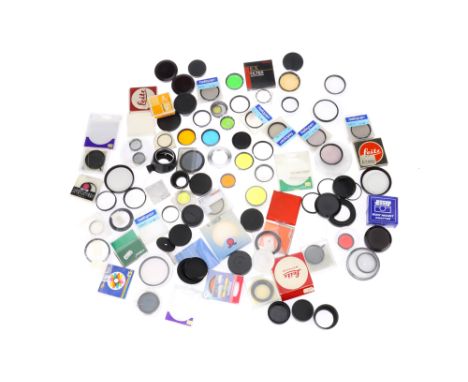 A Large Collection of Mixed Lens Round Filters various sizes, mainly boxed; brands include B+W, Heliopan, Hoya, Jessop, Leitz