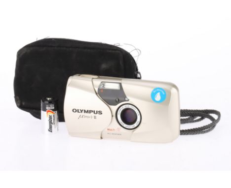An Olympus mju-II Ultra Compact 35mm Film Camera champagne, circa 1996, serial no.4591156, with an Olympus f/2.8 35mm lens, p