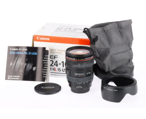 A Canon EF f/4L 24-105mm Zoom Lens barrel G, serial 629096, stability and motorised functions not tested, optics VG, in maker