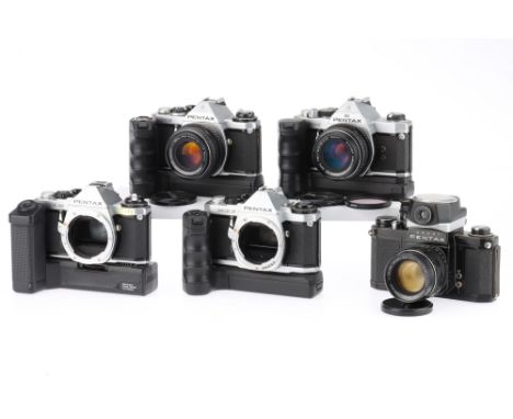 A Selection of Pentax 35mm SLR Cameras comprising a MX, silver, body G, slowest shutter speeds are slow, with Pentax-M f/1.7 
