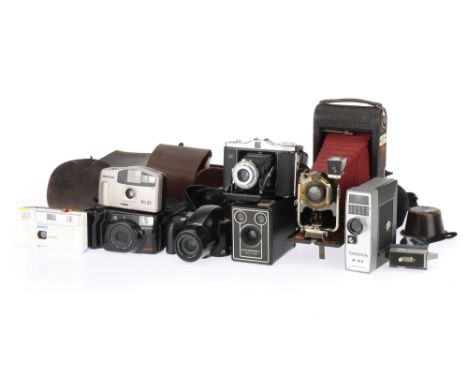 A Selection of Film Cameras, to include a Kodak Folding Pocket 3A, body F-G, some black has rubbed off the leather, working, 
