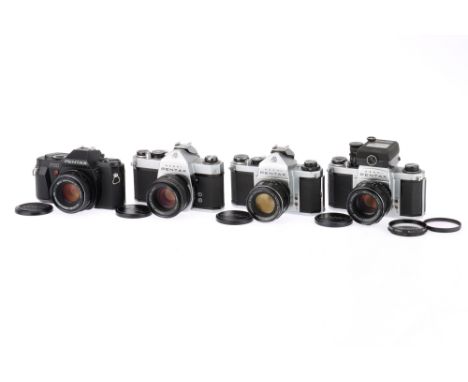 A Group of Pentax 35mm SLR Cameras comprising a SP1000, silver, body G, shutter speeds all seem accurate, with SMC Takumar f/