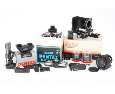 A Selection of Pentax Related Photographica to include an auto bellows K set, a slide copier, an SMC PentaxAF zoom f/2.8 35-7