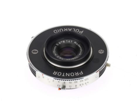A Rodenstock-Ysaron f/4.5 75mm Lens black, barrel VG, optics F with haze, in a Prontor Polaroid shutter, working but sticky a