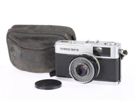 An Olympus Trip 35 Viewfinder Camera, silver, body VG, shutter works, with f/2.8 40mm lens, optics G, in soft case.