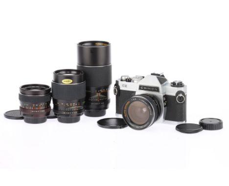 A Chinon CX 35mm SLR Camera Outfit to include a Chinon CX camera body, silver, body G, shutter works at all speeds, with auto