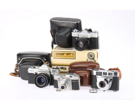 A Selection of Film Cameras, comprising a Kodak Retinette 1b, body VG, shutter works, optics G, light haze, in ERC with attac