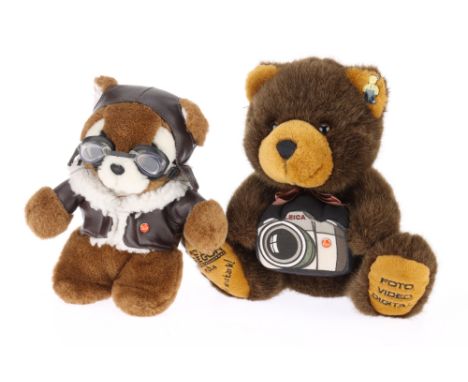 Two 'Leica' Teddy Bears, one advertising Air Berlin with a Leica red dot pin badge, and the other advertising Foto Gregor, Ko