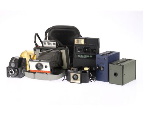 A Selection of Box and Instant Cameras to include a Brownie No.2 in green, body VG, shutter works, an Ensign E29 in dark blue