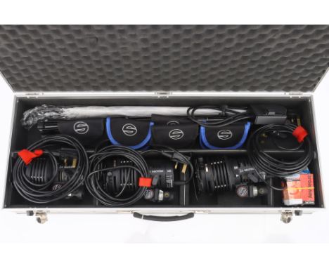 A Sachtler Reporter Lighting Kit to include 3off 300H light heads, a light stand, an umbrella modifier, some filters and spar