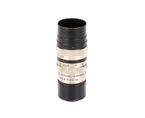 A Siemens-Spiegel-Hypomediar f/6.8 20cm Reflector Cine Lens, black.silver, serial 2174, barrel G, optics G with light haze an
