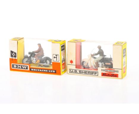 Britains motorcycles in 1st type boxes comprising 9688 BMW and 9692 U.S. Sheriff, VG models, probably never out of boxes, in 