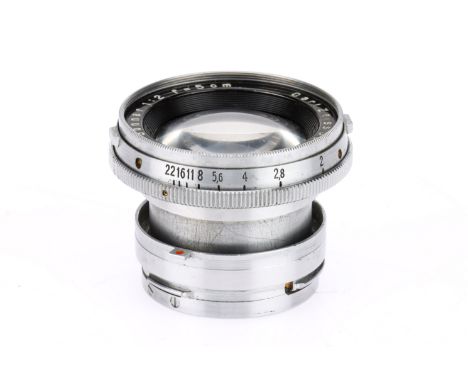 A Carl Zeiss Jena Sonnar f/2 5cm Camera Lens silver, serial 2040219, barrel G, optics F-G with external haze to front element