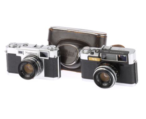 A pair of Yashica 35mm Rangefinder Cameras to include a Yashica 35 with Yashinon f/1.8 4.5cm lens, body G, rangefinder patch 