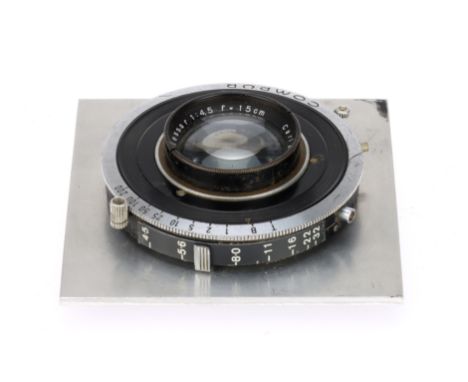 A Carl Zeiss Tessar f/4.5 15cm Large Format Lens black, serial number 855498, barrel G, optics F-G with light haze, in a Comp