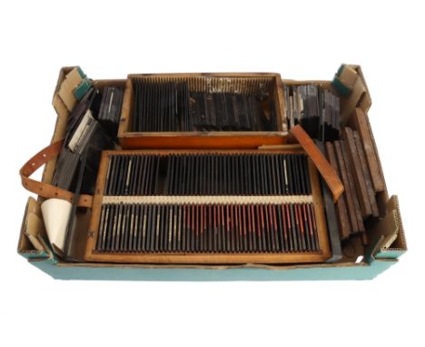 A Large Selection of Mixed Magic Lantern Slides, to include a case of commercial slides, some hand coloured, together with mo