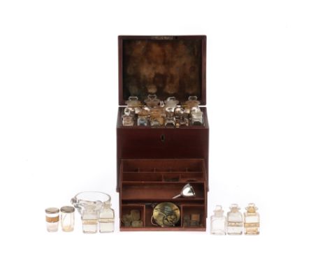 A 19th Century Domestic Medicine Chest, English, mahogany trunk-type chest with brass fittings, velvet lining to interior, th