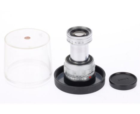 A Leitz Wetzlar Elmar f/4 9cm Camera Lens, chrome, serial no. 1491031, body, VG, elements, G, with very light internal haze, 