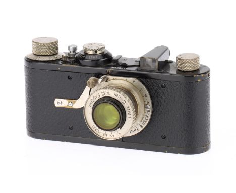 A Leitz Wetzlar Leica I Model A 35mm Camera black, 1930, serial no.27399, with a Leitz Elmar f/3.5 50mm fixed collapsible len