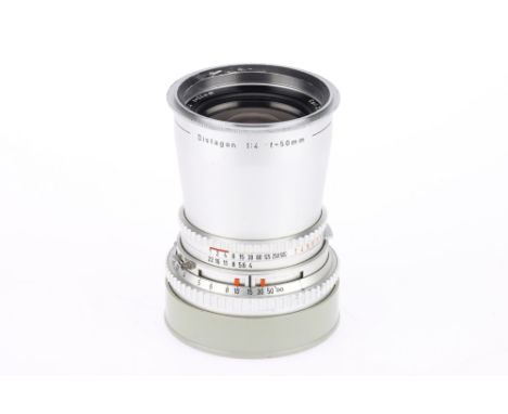 A Carl Zeiss Distagon f/4 50mm Medium Format Lens, silver, serial number 5301914, Hasselblad mount, barrel F-G, light externa