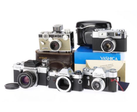 A Good Selection of 35mm Cameras to include a Yashica YJ35 rangefinder, in maker's box, with ERC, body VG, shutter works at a