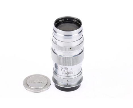 An Arco Colinar f/3.8 13.5cm Telehpoto Lens gloss chrome, screw mount, serial 27985, barrel G, optics F, light dust and perip