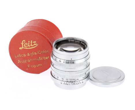 A Leitz Wetzlar Summarit f/1.5 5cm (50mm) Lens chrome, 1957, serial no.1526533, body VG, optics F, overall haze, with maker's