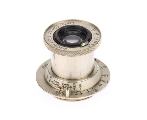 A Leitz Wetzlar Elmar f/3.5 50mm Collapsible Lens chrome, body G, optics F-G, moderate haze