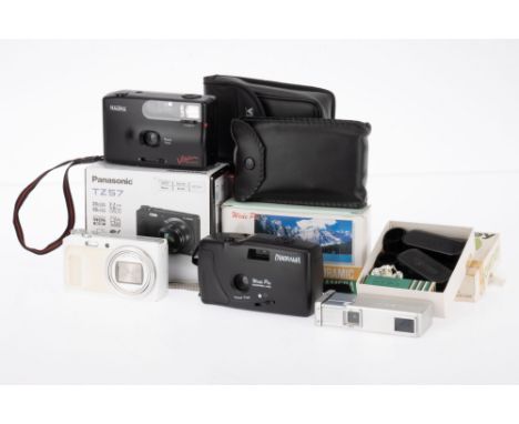 A Selection of Film Cameras, comprising a Minolta 16 spy camera, body F-G, working, a Lumix DMC-TZ57, white, body VG, powers 