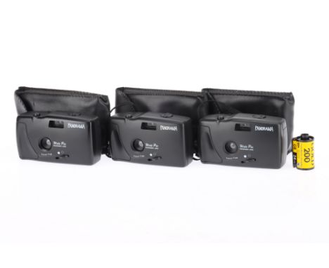Three Panorama Wide Pic 35mm Compact Cameras, black, shutter working, VG-E, with cases,