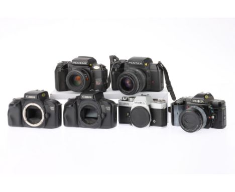 A Selection of 35mm SLR Cameras to include a Pentax SFX-N, body P, film door does not close, with Pentax-F f/1.7 50mm lens, b