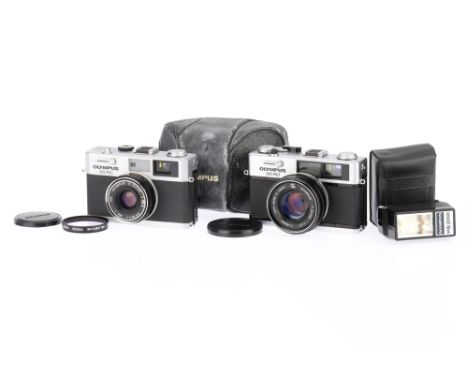 Two Olympus 35 Compact Film Cameras to include an Olympus 35 RC, body G, shutter speeds all work manually, unable to test aut