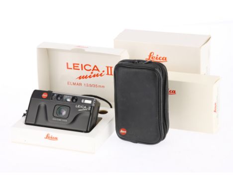 A Leica Mini II with Data Back 35mm Compact Camera black, made in Japan, 1993, serial no.1889039, with an Elmar f/3.5 35mm le