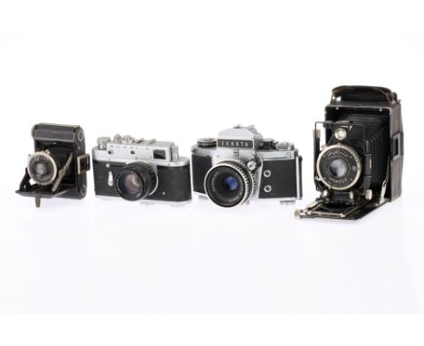A Selection of Film Cameras, comprising a Zorki 4, silver, serial number 72034868, body F, shutter needs attention, with a Ju