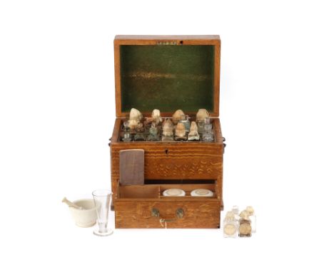 A 19th Century Domestic Medicine Chest, English, oak ….. trunk-type chest with brass and japanned metal finishes, the lifting